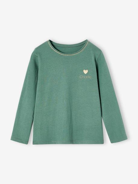 T-shirt fille coeur pailleté manches longues anthracite+écru+rose poudré+vert émeraude - vertbaudet enfant 