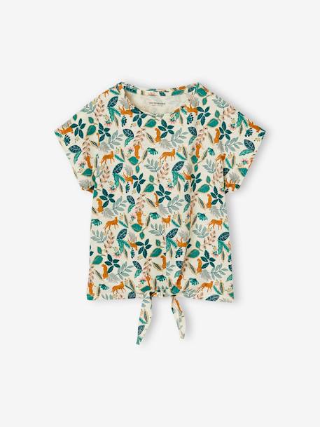 Gestreept T-shirt voor meisjes met sierstrik wit, bedrukt - vertbaudet enfant 