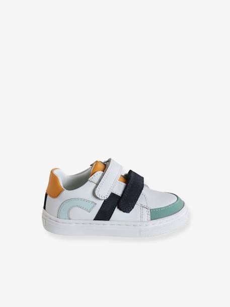 Leren geborstelde babysneakers ecru+marineblauw+veel wit - vertbaudet enfant 