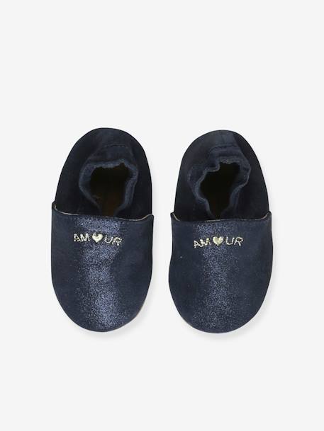 Chaussons bébé cuir souple blanc imprimé+bleu nuit+or+rose poudré - vertbaudet enfant 