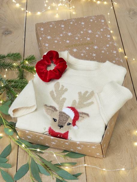 Kerstcadeauverpakking 'Renne' jacquard trui + 2 scrunchies voor meisjes ecru+lichtroze+roze (poederkleur) - vertbaudet enfant 