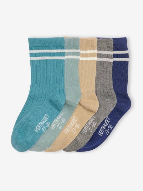 Lot de 5 paires de chaussettes côtelées rayées garçon bleu ciel+bleu grisé+marine - vertbaudet enfant 