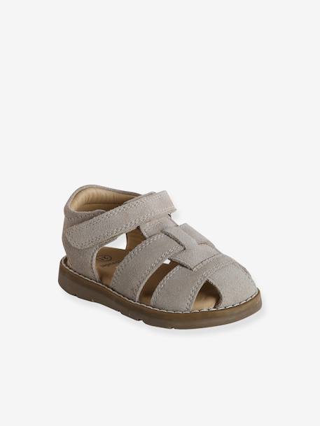 Sandales bébé fermées cuir à scratchs bleu jean+sable - vertbaudet enfant 