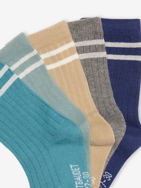 Lot de 5 paires de chaussettes côtelées rayées garçon bleu ciel+bleu grisé+marine - vertbaudet enfant 