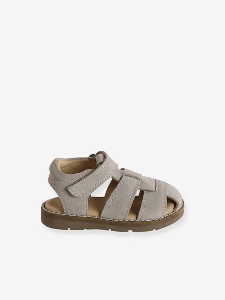 Sandales bébé fermées cuir à scratchs bleu jean+sable - vertbaudet enfant 