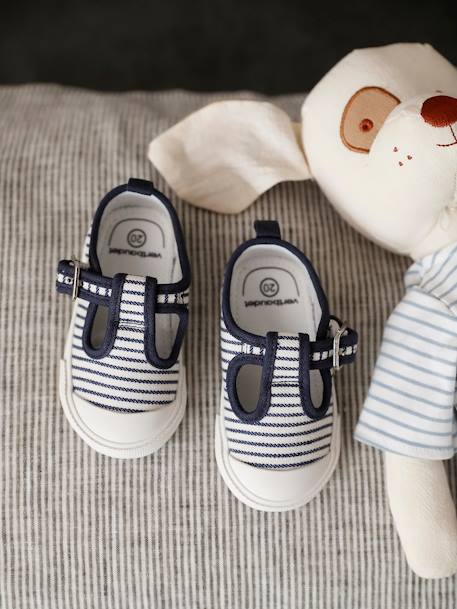 Canvas babyschoentjes met enkelbandje blauw, gestreept - vertbaudet enfant 