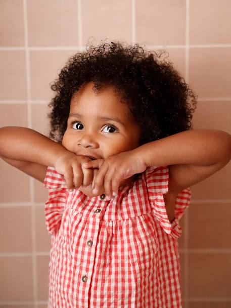 Bloes in vichy seersucker voor baby's met korte mouwen en volant rood, geruit - vertbaudet enfant 