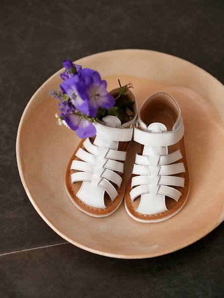 Babysandalen van leer met klittenband, gesloten neus veel roze+wit - vertbaudet enfant 