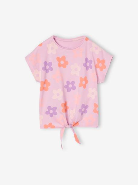 Gestreept T-shirt voor meisjes met sierstrik lavendel+rozen+wit - vertbaudet enfant 