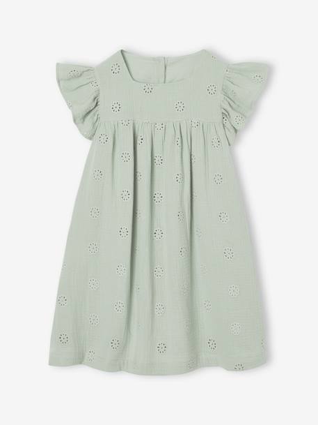 Robe fille gaze de coton brodée fleurs bleu pâle+corail+vanille+vert sauge - vertbaudet enfant 