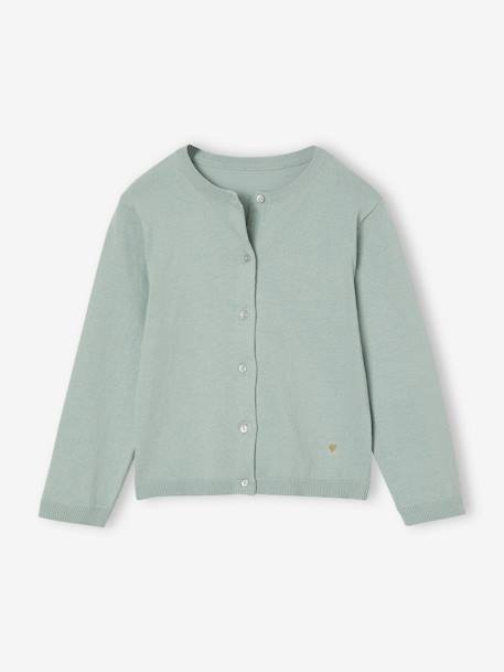Meisjesvest Basics van fijn breisel antraciet+geel+gemêleerd beige+grijsblauw+marineblauw+pruim+rozenhout+smaragdgroen+vanille - vertbaudet enfant 