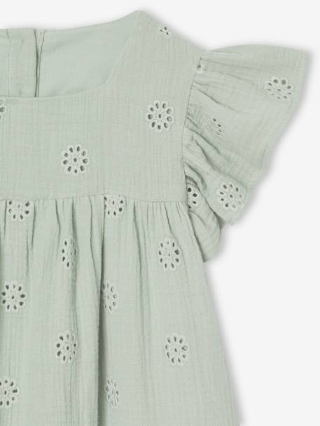Robe fille gaze de coton brodée fleurs bleu pâle+corail+vanille+vert sauge - vertbaudet enfant 