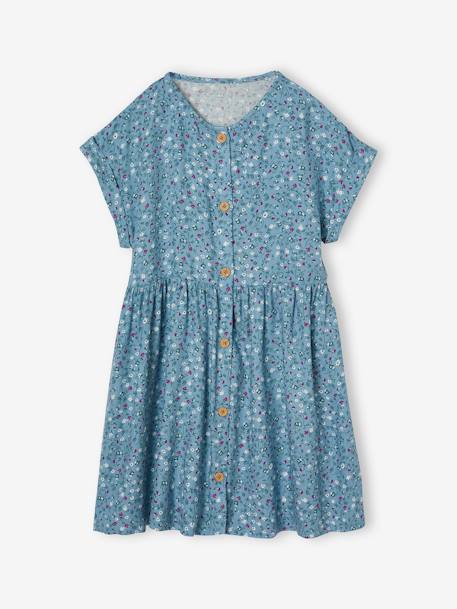 Geknoopte meisjesjurk met bloemen ecru+hemelsblauw+rouge - vertbaudet enfant 
