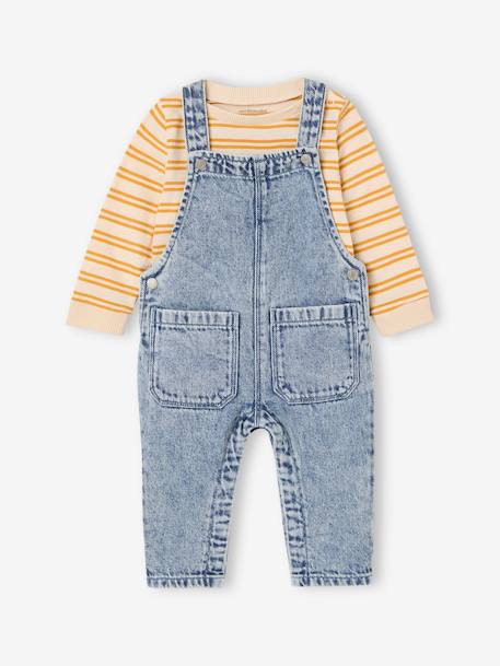 Babyset gestreept T-shirt en jeans tuinbroek double stone - vertbaudet enfant 