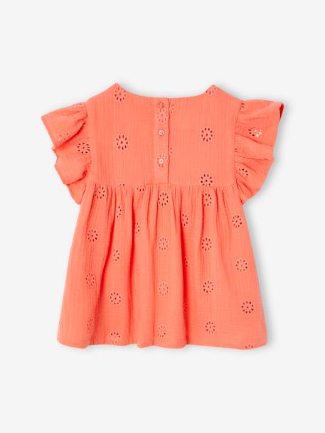 Geborduurde blouse van katoenen gaas voor meisjes koraal+wit - vertbaudet enfant 