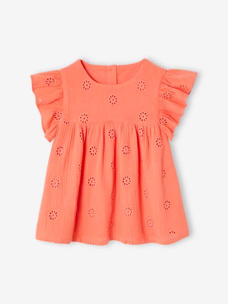 Blouse en gaze de coton brodée fille blanc+corail - vertbaudet enfant 