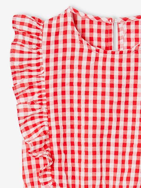 Meisjesjurk van seersuckerstof met ruches rood, geruit+saliegroen+wit, bedrukt - vertbaudet enfant 
