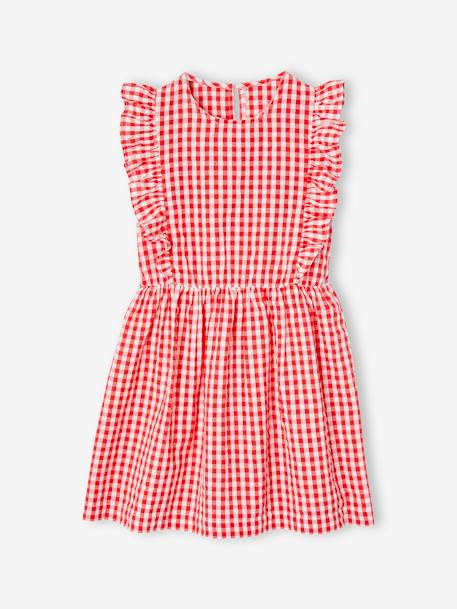 Robe fille en seersucker manches volantées blanc imprimé+carreaux rouge+vert sauge - vertbaudet enfant 