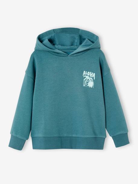 Sweater met capuchon en motief op de borst Basics jongens petrolblauw+saliegroen - vertbaudet enfant 