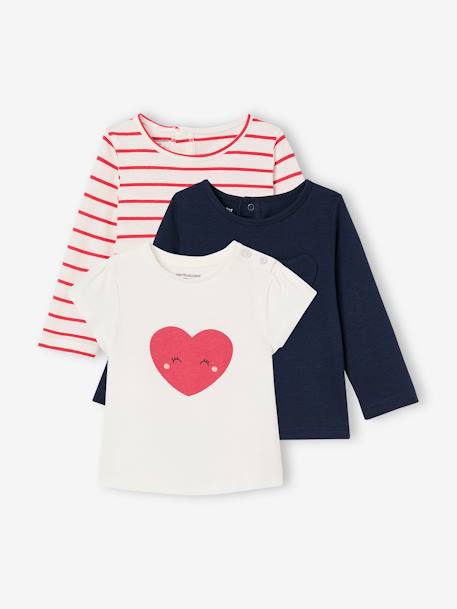Lot de 3 t-shirts bébé fille manches longues écru+rayé rouge - vertbaudet enfant 