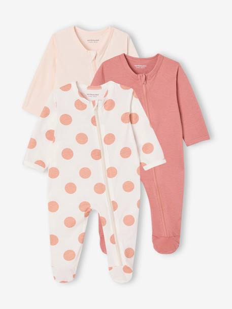 Lot de 3 pyjamas bébé en jersey ouverture zippée BASICS bleu chambray+blush+cappuccino - vertbaudet enfant 