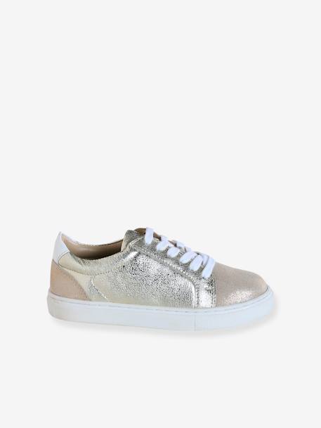 Baskets enfant fille en cuir à lacets beige imprimé+or - vertbaudet enfant 