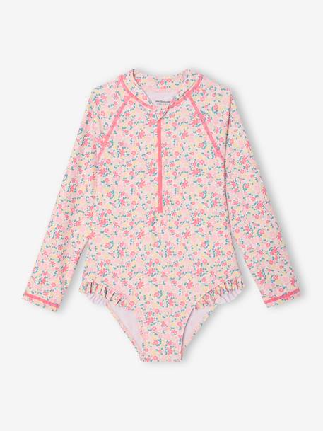 Maillot de bain fille à manches longues rose imprimé - vertbaudet enfant 