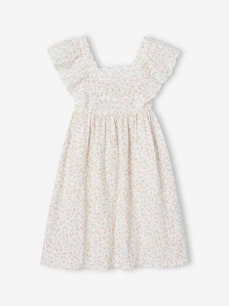 Robe de cérémonie en gaze de coton fille manches en broderie anglaise rose imprimé+vieux rose - vertbaudet enfant 