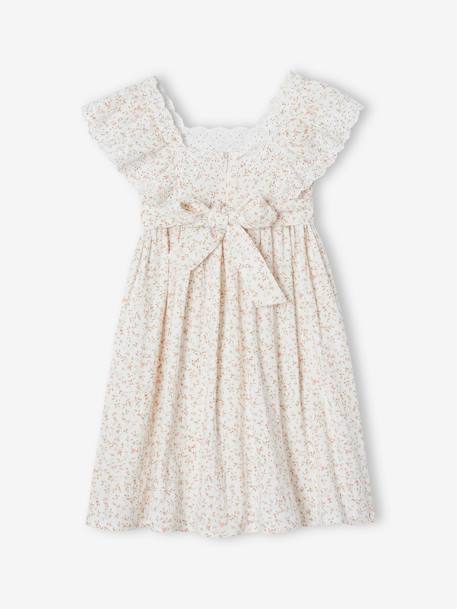 Robe de cérémonie en gaze de coton fille manches en broderie anglaise rose imprimé+vieux rose - vertbaudet enfant 