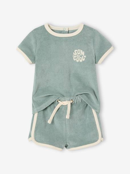 Ensemble bébé tee-shirt + short en éponge bleu grisé+rayé bleu+taupe - vertbaudet enfant 