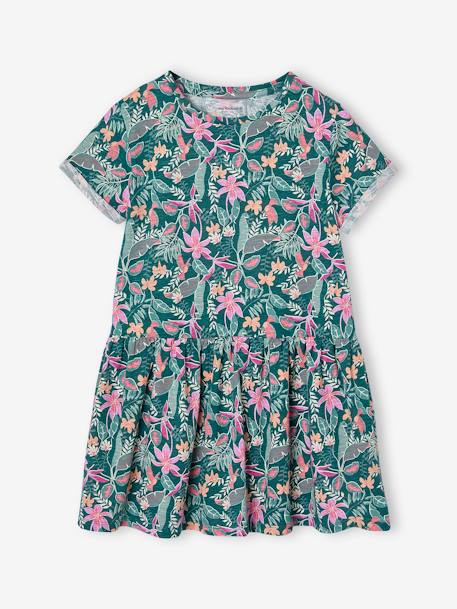 Meisjesjurk met print beige, bedrukt+groen, bedrukt+groengrijs+meerkleurig - vertbaudet enfant 