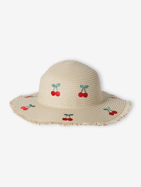 Chapeau en paille de papier avec cerises brodées fille écru - vertbaudet enfant 