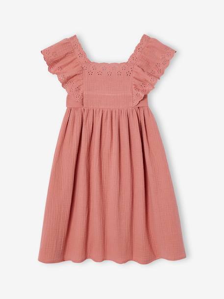 Robe de cérémonie en gaze de coton fille manches en broderie anglaise rose imprimé+vieux rose - vertbaudet enfant 