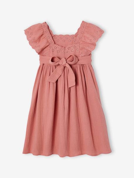Robe de cérémonie en gaze de coton fille manches en broderie anglaise rose imprimé+vieux rose - vertbaudet enfant 