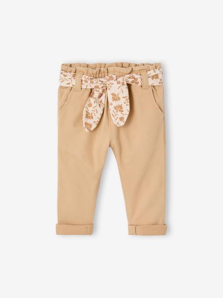Paperbag babybroek met riem cappuccino+korstmos+oudroze - vertbaudet enfant 