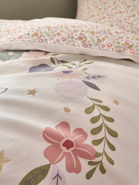 Dekbedovertrekset + kussensloop kind PETITE LICORNE, met gerecycled katoen wit, bedrukt - vertbaudet enfant 