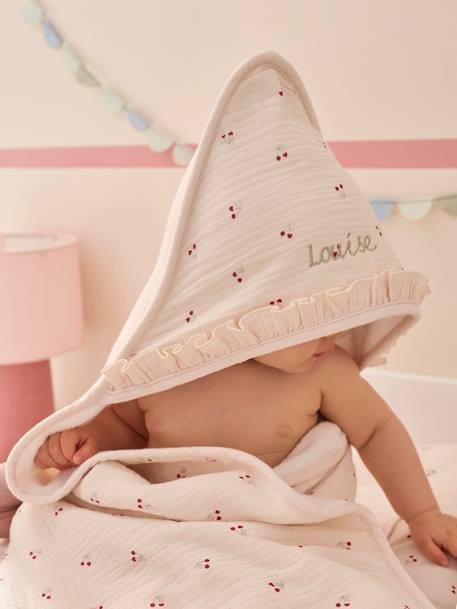 Cape de bain gaze de coton personnalisable + gant de toilette CHERRY beige imprimé - vertbaudet enfant 