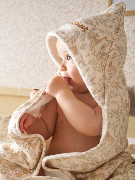Personaliseerbare badcape met katoengaas + washandje BABYLON beige, bedrukt - vertbaudet enfant 