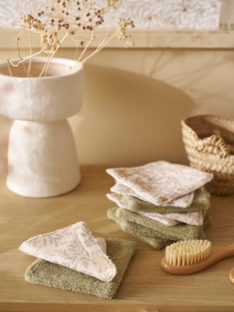 Set van 10 washandjes beige, bedrukt+plantenprint/blauw/groen+set roze - vertbaudet enfant 