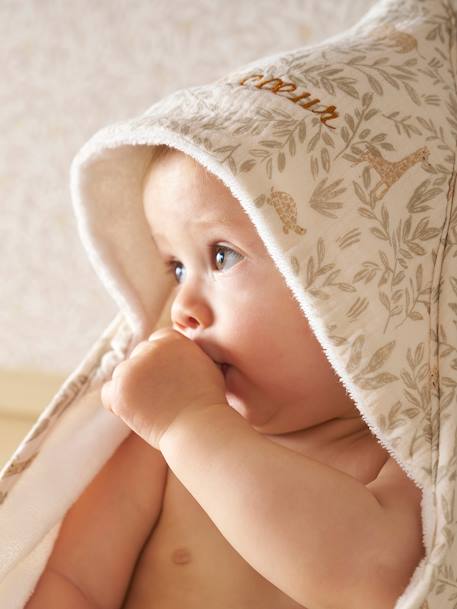 Cape de bain gaze de coton personnalisable + gant de toilette BABYLON beige imprimé - vertbaudet enfant 
