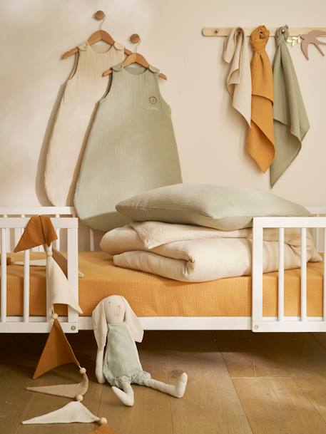 Parure bébé housse de couette + taie d'oreiller unie en gaze de coton Bio* ocre+vanille+vert sauge - vertbaudet enfant 