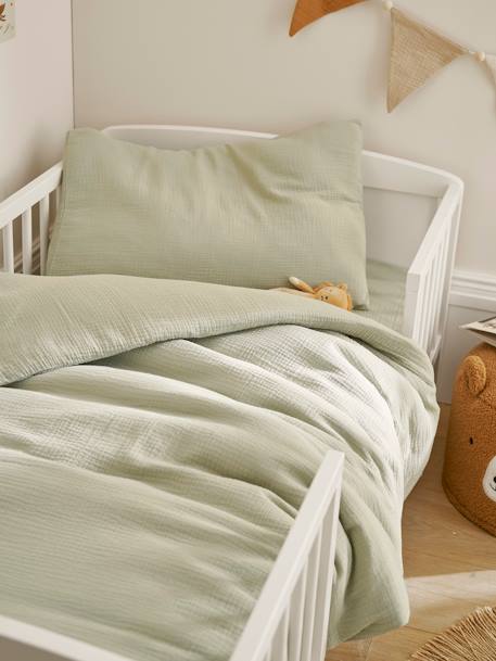Parure bébé housse de couette + taie d'oreiller unie en gaze de coton Bio* ocre+vanille+vert sauge - vertbaudet enfant 