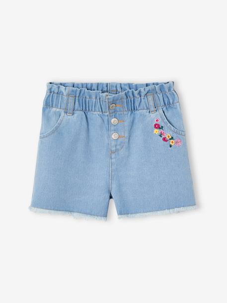 Short en jean brodé fleurs oversize fille bleu clair - vertbaudet enfant 