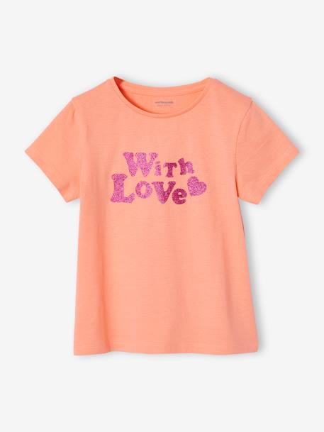 Basics meisjesshirt met aangebracht motief en korte mouwen koraal - vertbaudet enfant 