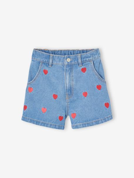Short en jean motifs coeurs fille bleu moyen - vertbaudet enfant 