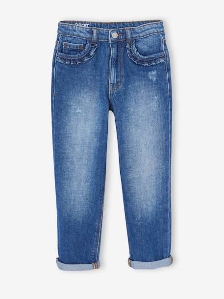 Rechte jeans MorphologiK meisjes heupomvang Small donkerblauw+gebleekt denim+stone - vertbaudet enfant 