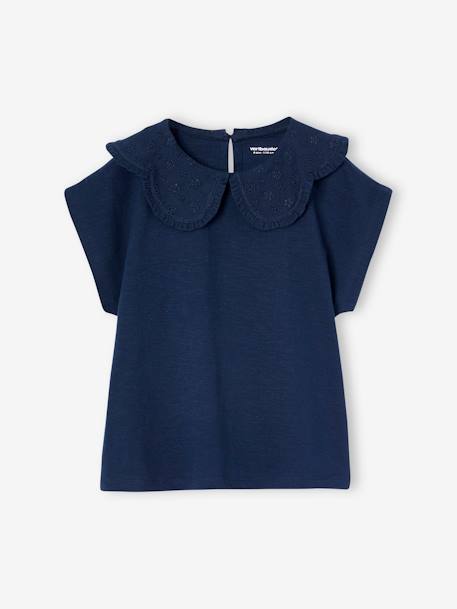 Meisjesshirt met geborduurde kraag ecru+koraal+marineblauw - vertbaudet enfant 