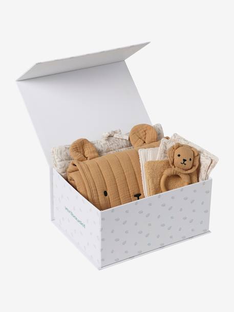 Coffret cadeau naissance 8 pièces : 1 hochet, 1 tapis à langer nomade, 5 lingettes, 1 pochette blanc imprimé+ocre - vertbaudet enfant 