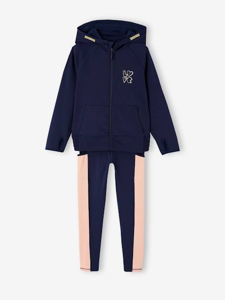 Sportset voor meisjes met hoodie en legging van technisch materiaal marineblauw - vertbaudet enfant 