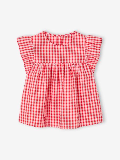 Blouse fille imprimée manches courtes à volants blanc imprimé+carreaux rouge - vertbaudet enfant 